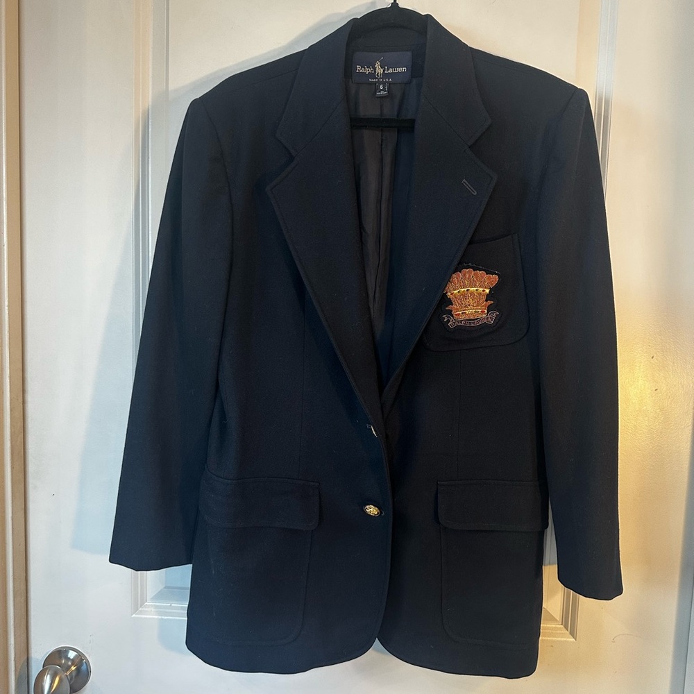 VTG Ralph Lauren Wool Made in USA Navy Crest Patch Gold Buttons Prepoy Blazer, 6